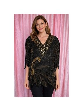 Gold Star Vintage Black Golf Exquisite Sequin Beaded Cocktail Blouse Size 3X